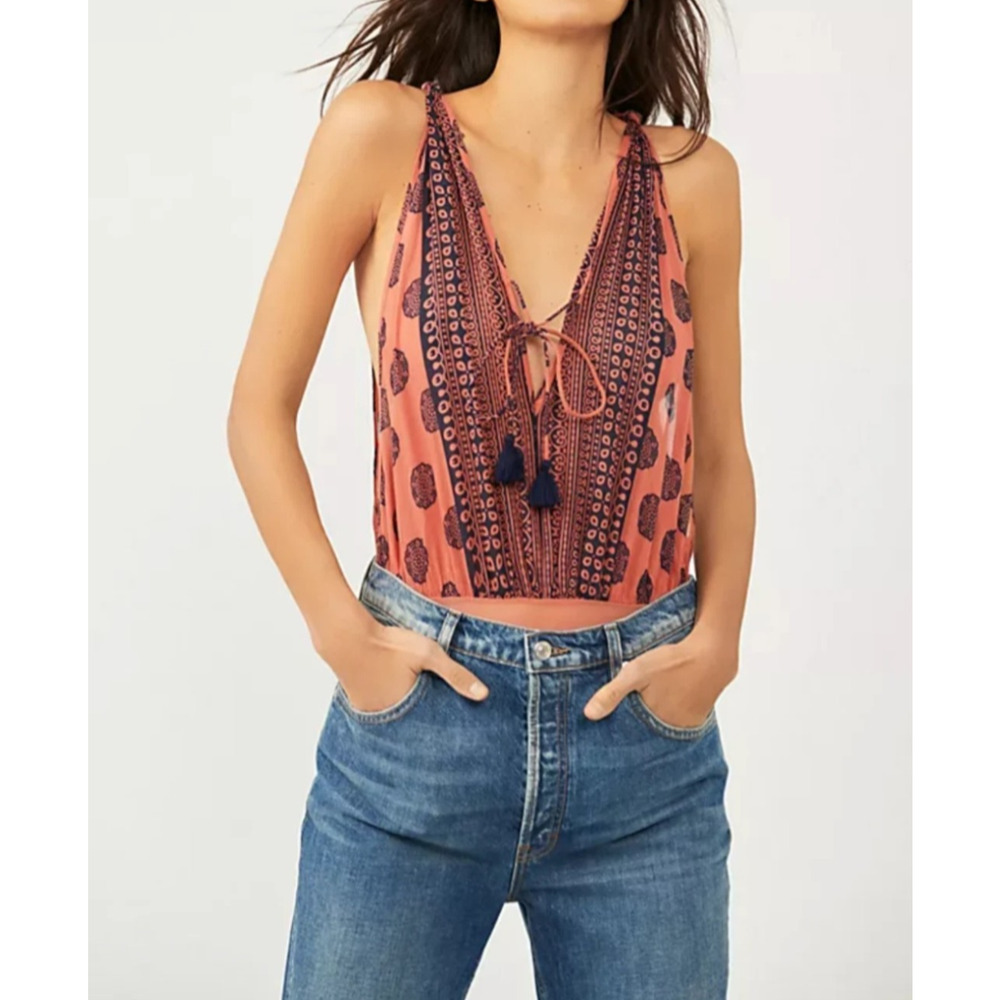 Free People Bodysuit Womens Medium Boho Tie Front Tassel Deep V Festival
